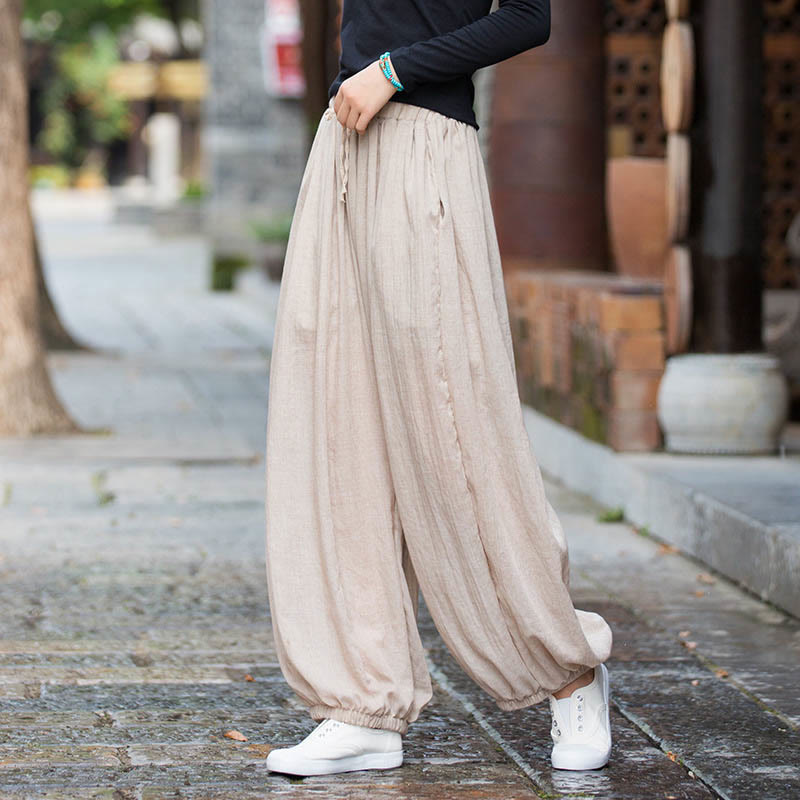 Summer Plain Color Linen Drawstring Pants With Pockets