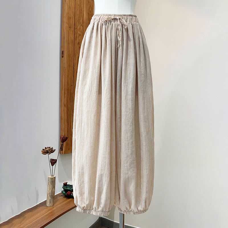 Summer Plain Color Linen Drawstring Pants With Pockets