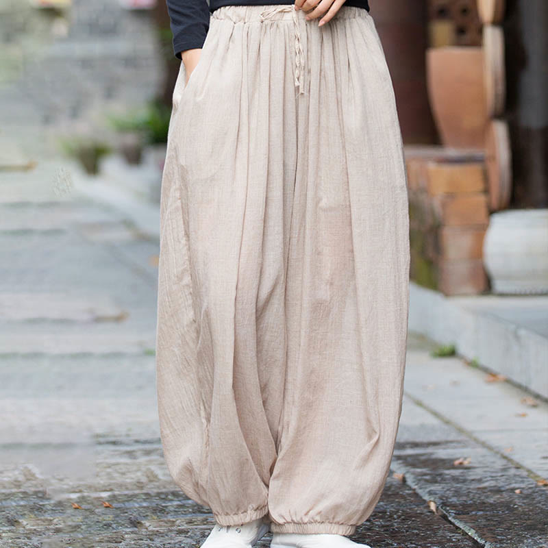 Summer Plain Color Linen Drawstring Pants With Pockets