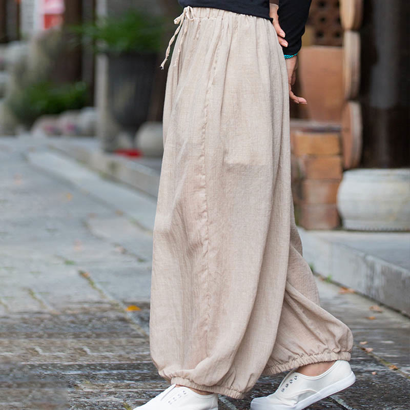 Summer Plain Color Linen Drawstring Pants With Pockets
