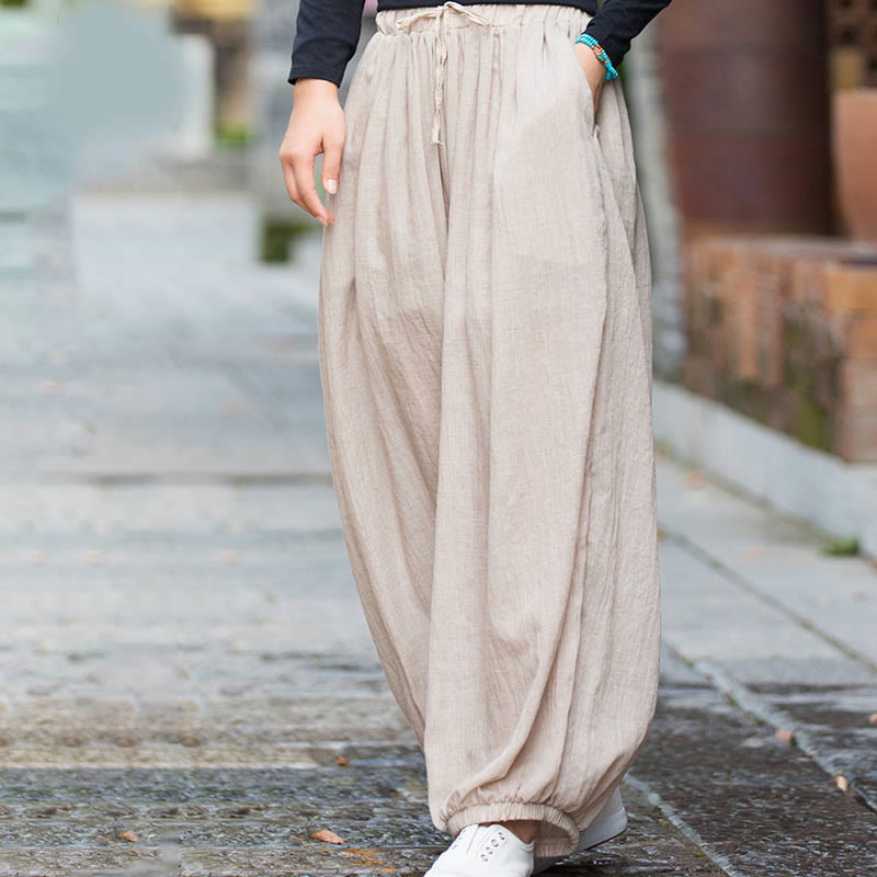 Summer Plain Color Linen Drawstring Pants With Pockets