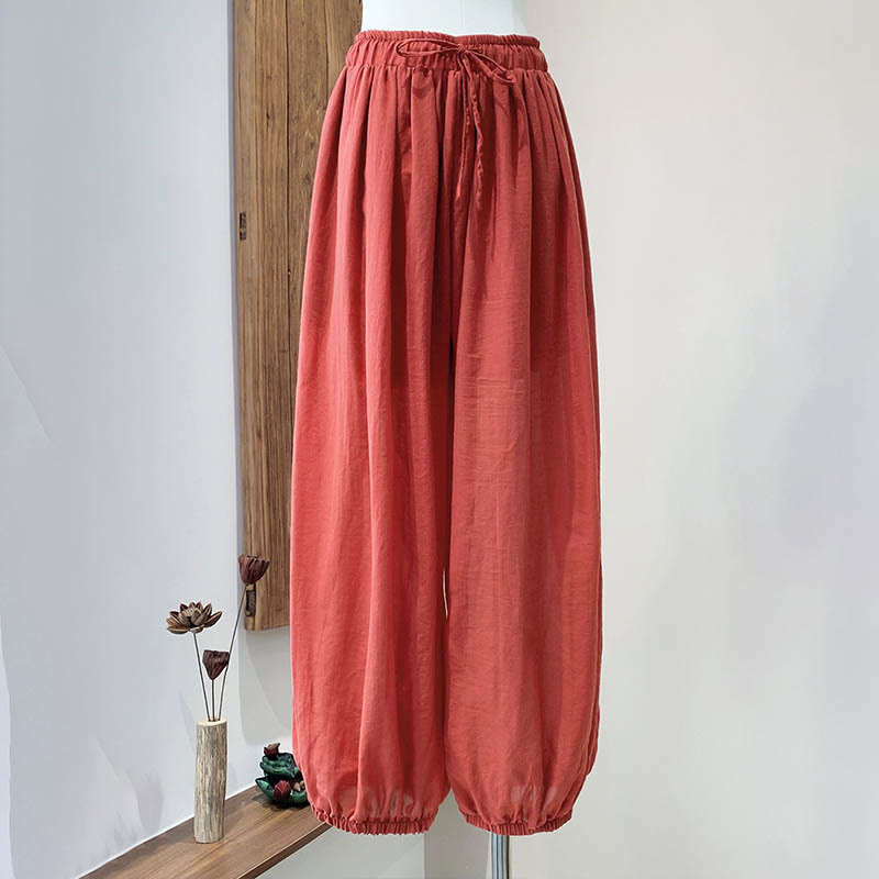 Summer Plain Color Linen Drawstring Pants With Pockets