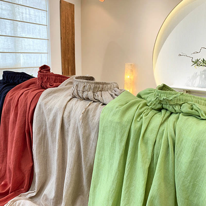 Summer Plain Color Linen Drawstring Pants With Pockets