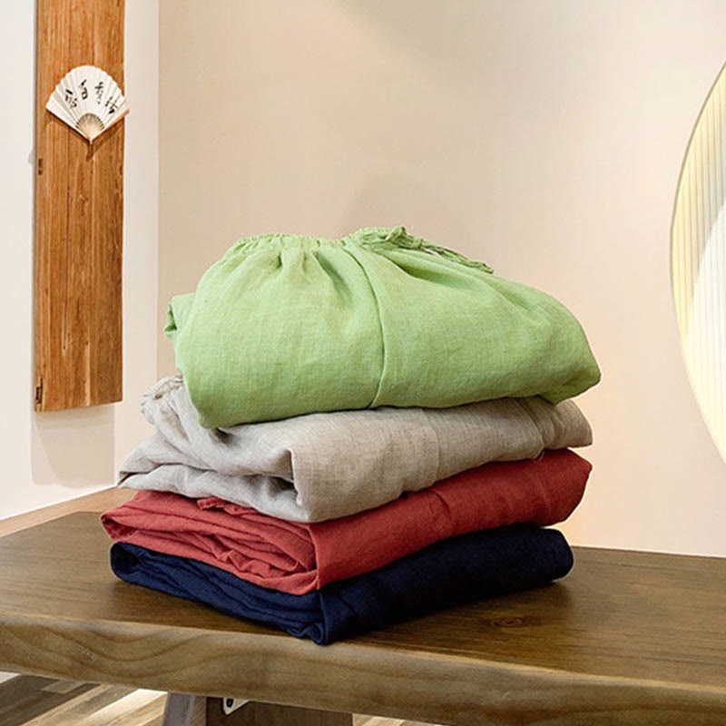 Summer Plain Color Linen Drawstring Pants With Pockets