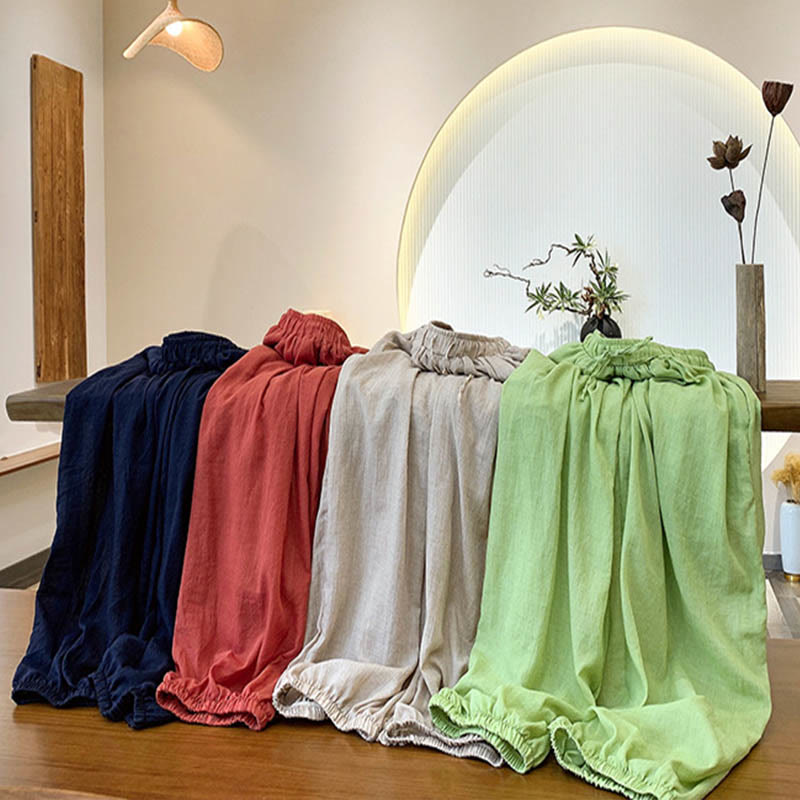 Summer Plain Color Linen Drawstring Pants With Pockets