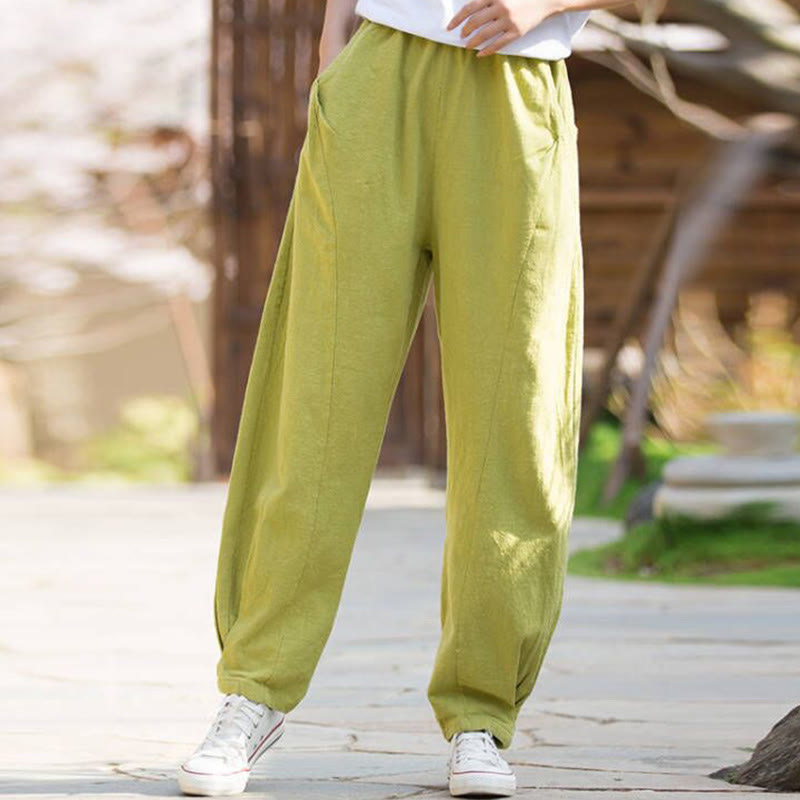 Casual Ramie Linen Cotton Yoga Pants With Pockets