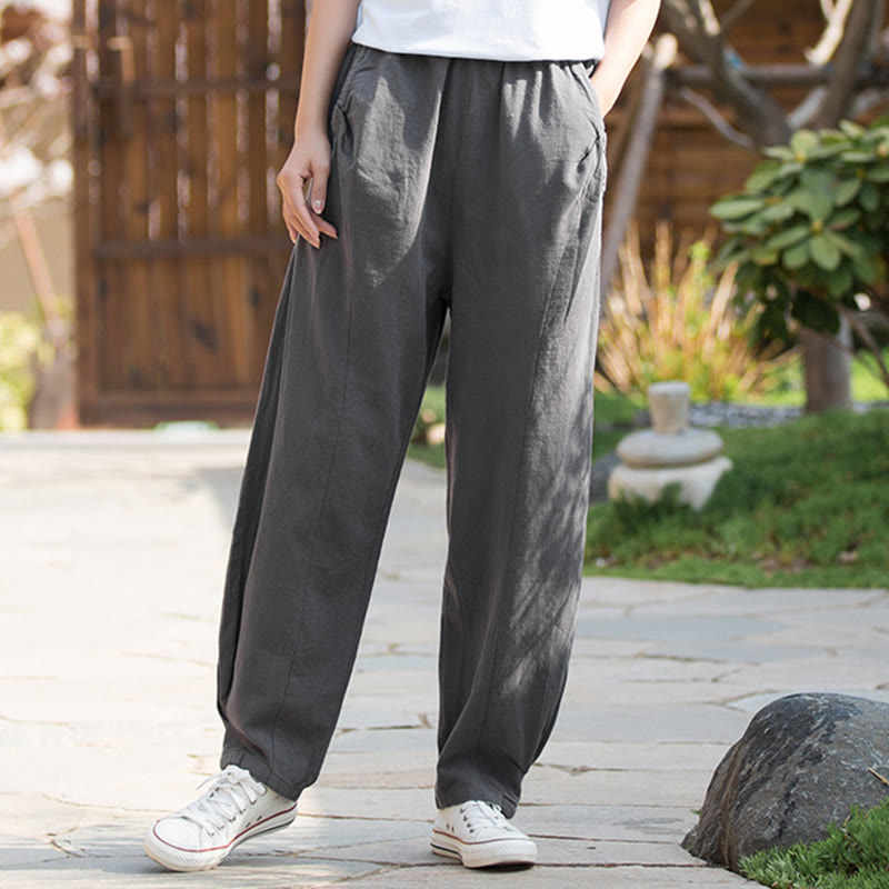 Casual Ramie Linen Cotton Yoga Pants With Pockets