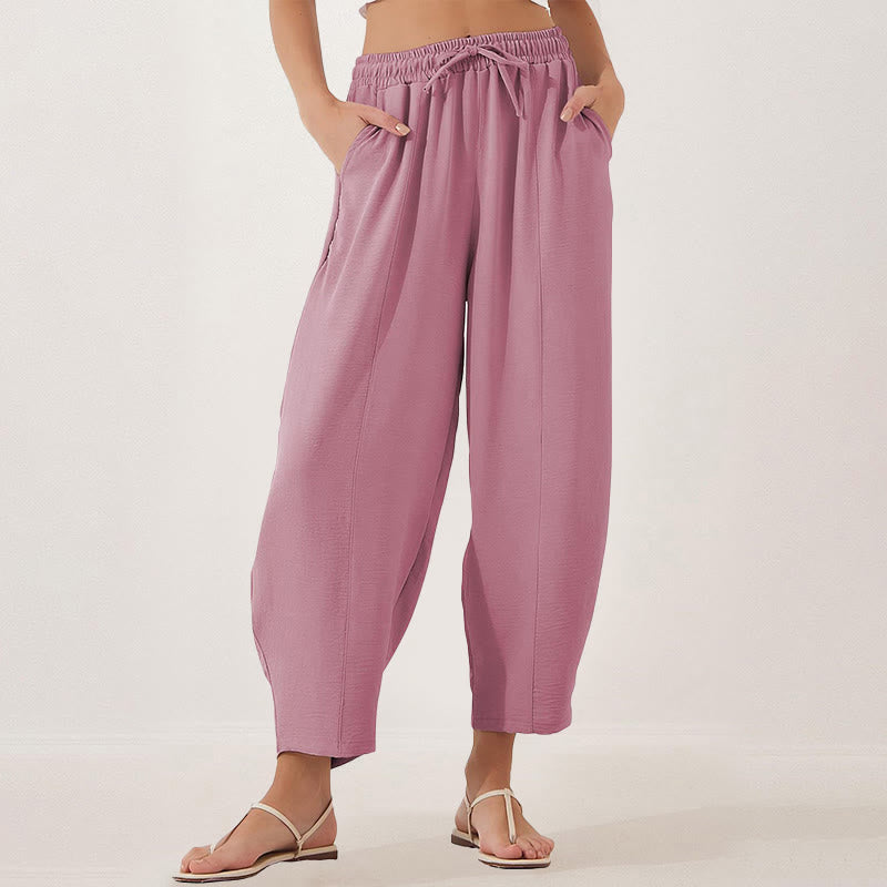Casual Plain Loose Drawstring Women's Polyester 7/8 Length Pants  With Pockets