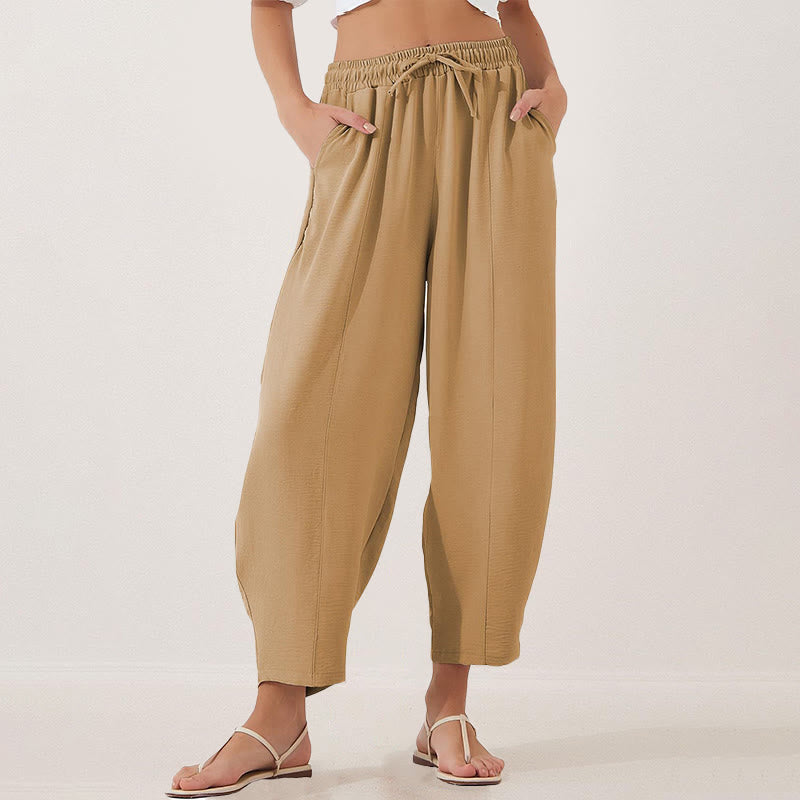 Casual Plain Loose Drawstring Women's Polyester 7/8 Length Pants  With Pockets