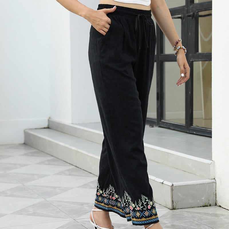 Black Spring Embroidery Flower Pattern Cotton Linen Drawstring Women's Pants With Pockets