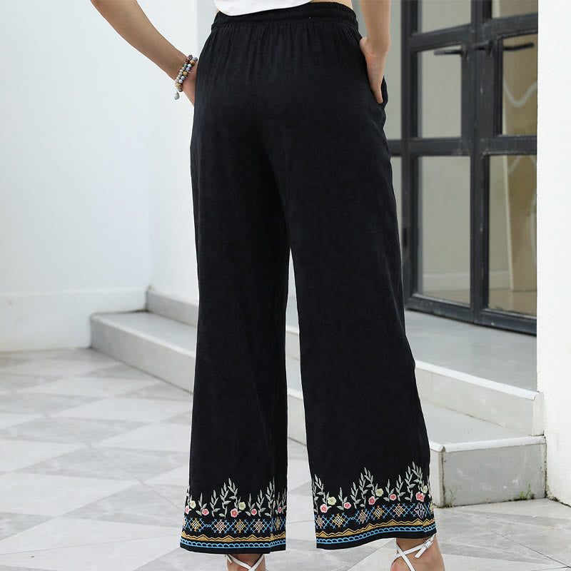 Black Spring Embroidery Flower Pattern Cotton Linen Drawstring Women's Pants With Pockets