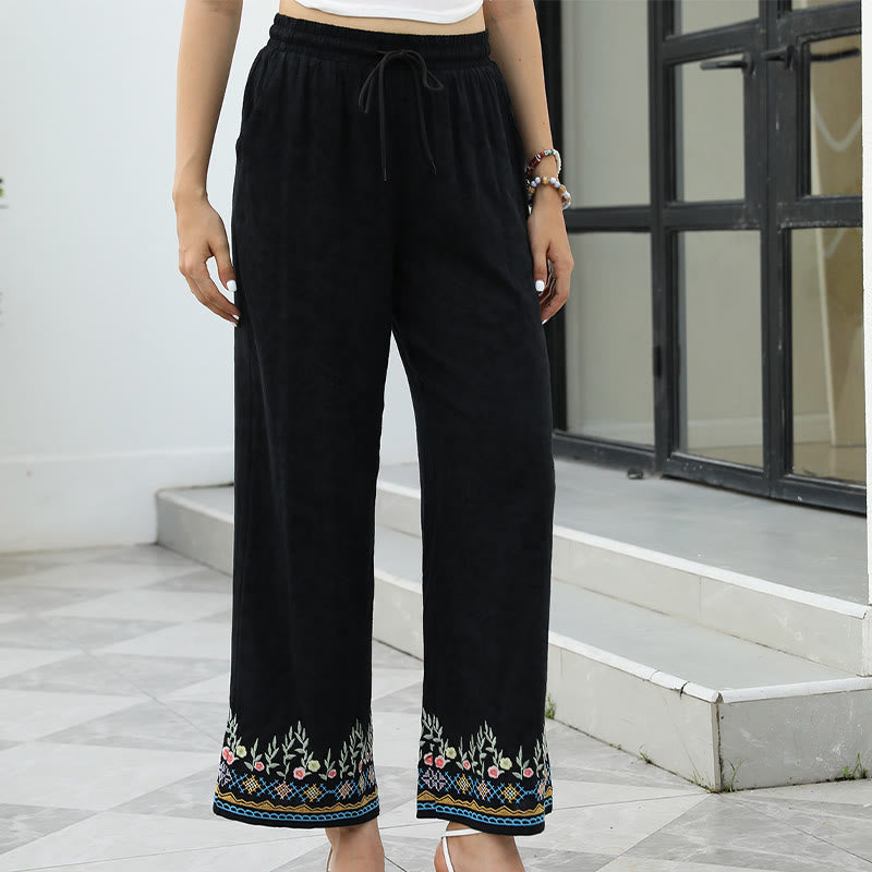 Black Spring Embroidery Flower Pattern Cotton Linen Drawstring Women's Pants With Pockets