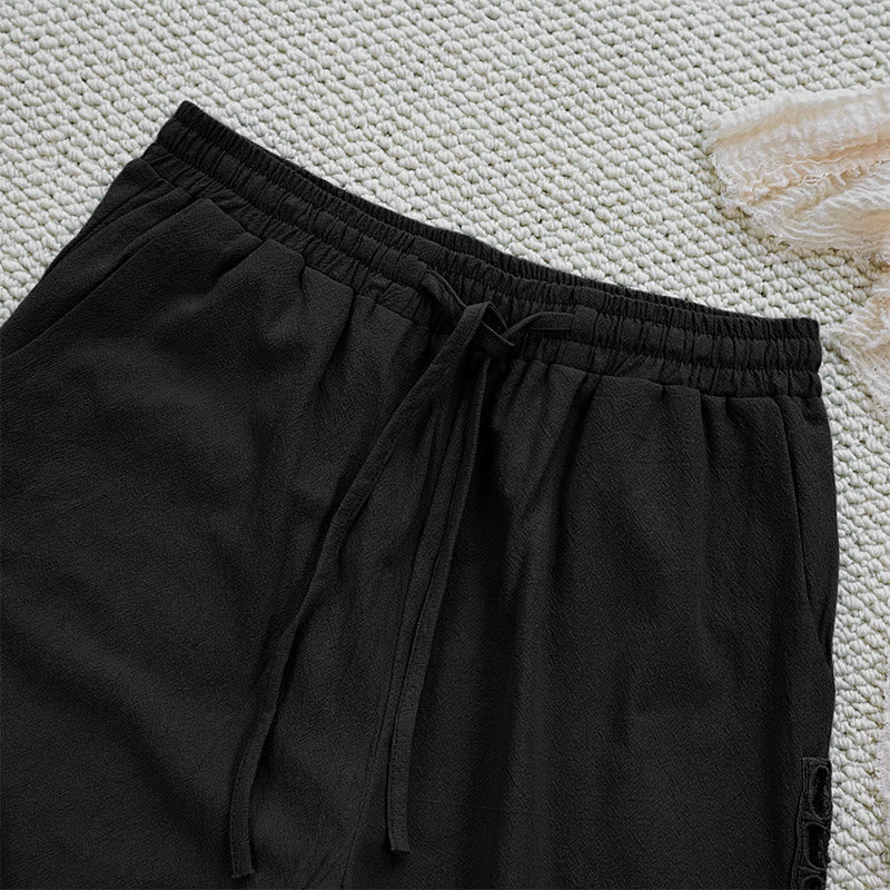 Summer Plain Color Splicing Design Cotton Linen Women's Pants With Pockets