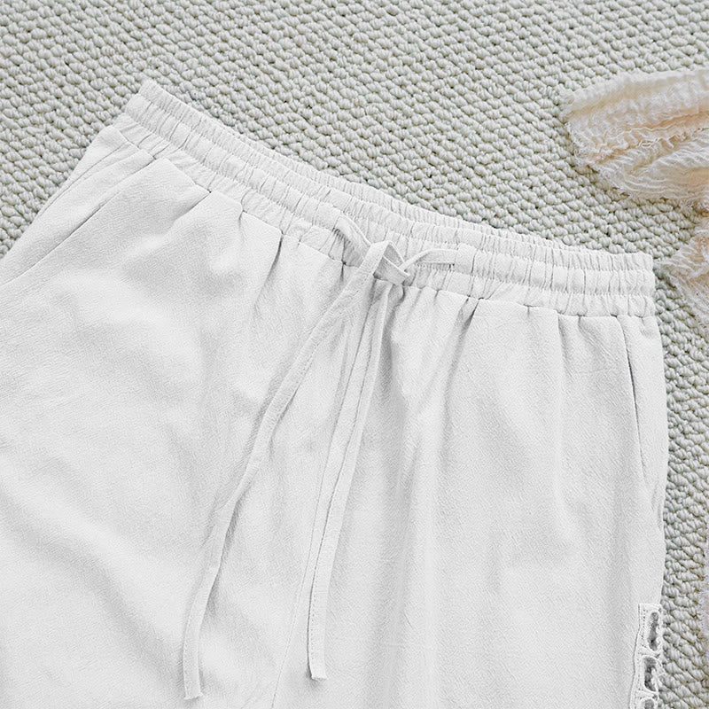 Summer Plain Color Splicing Design Cotton Linen Women's Pants With Pockets