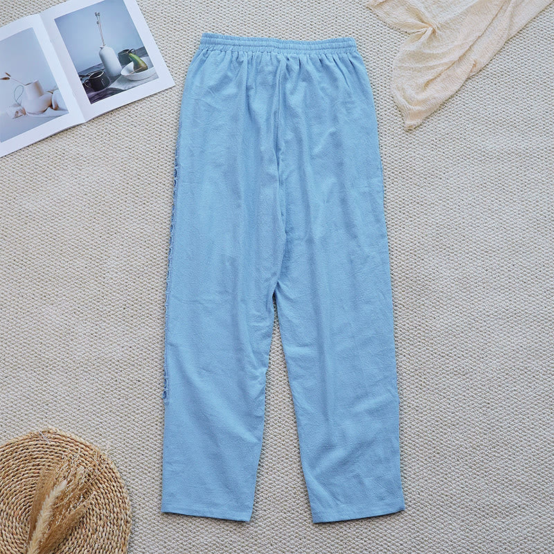 Summer Plain Color Splicing Design Cotton Linen Women's Pants With Pockets