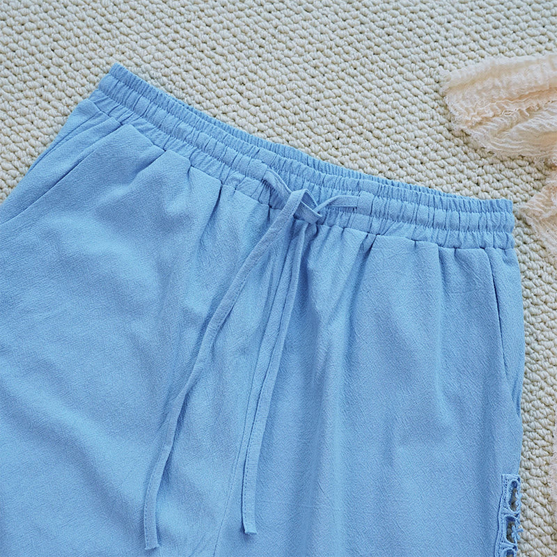Summer Plain Color Splicing Design Cotton Linen Women's Pants With Pockets