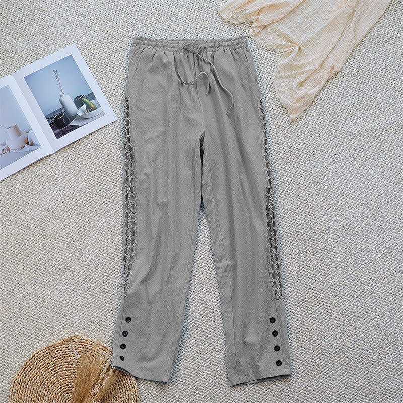 Summer Plain Color Splicing Design Cotton Linen Women's Pants With Pockets
