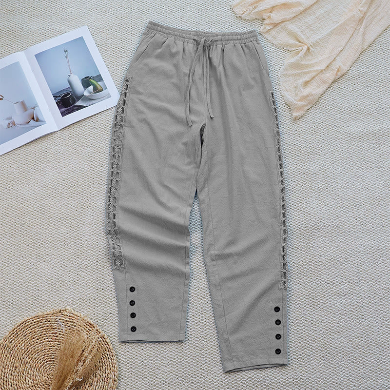 Summer Plain Color Splicing Design Cotton Linen Women's Pants With Pockets