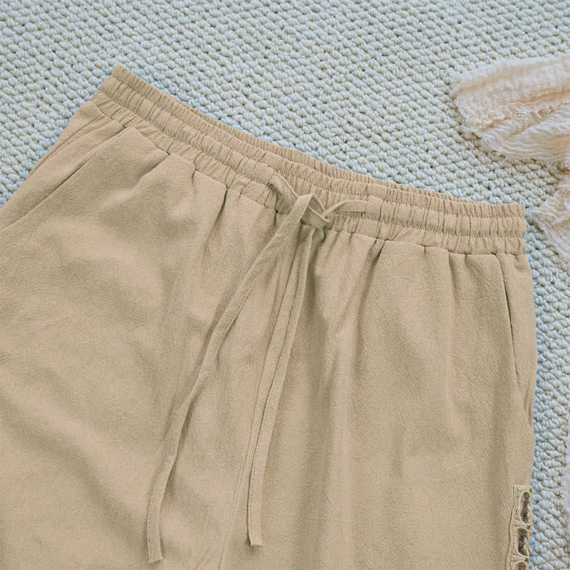 Summer Plain Color Splicing Design Cotton Linen Women's Pants With Pockets
