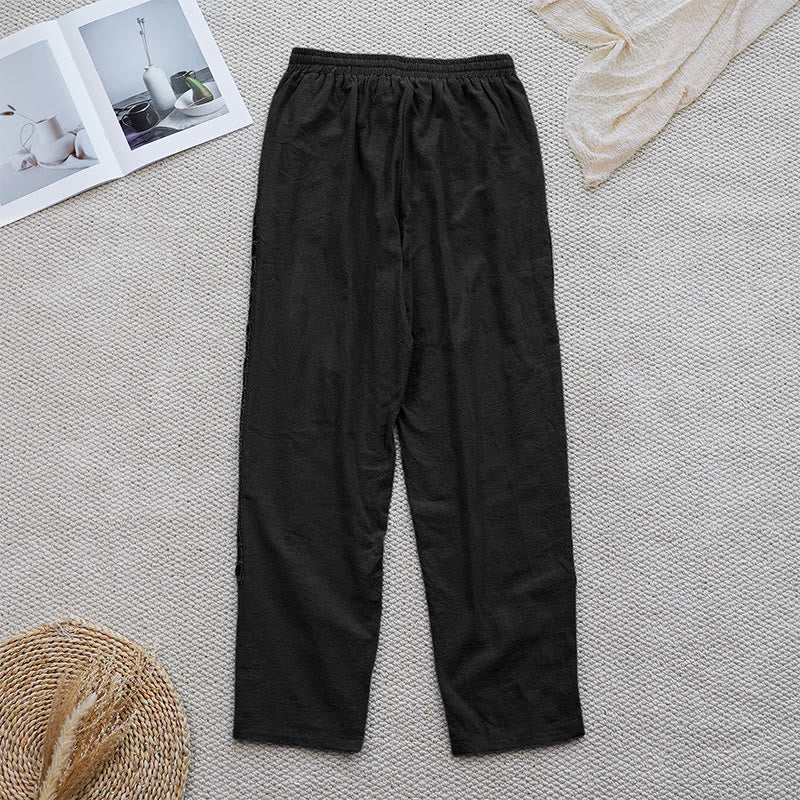 Summer Plain Color Splicing Design Cotton Linen Women's Pants With Pockets