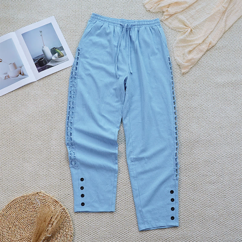 Summer Plain Color Splicing Design Cotton Linen Women's Pants With Pockets