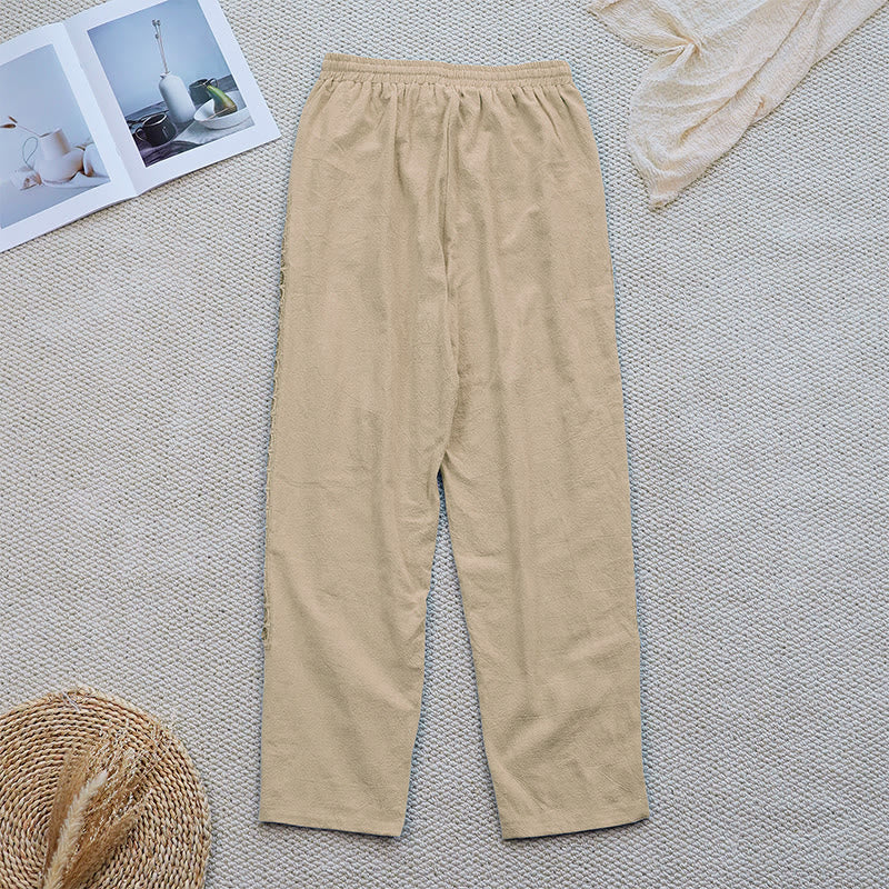 Summer Plain Color Splicing Design Cotton Linen Women's Pants With Pockets