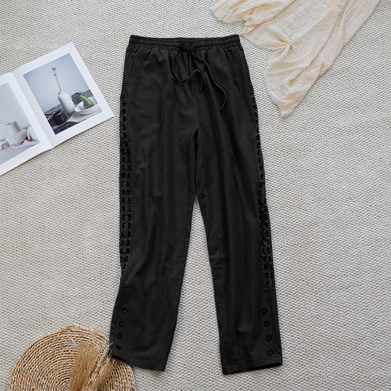 Summer Plain Color Splicing Design Cotton Linen Women's Pants With Pockets