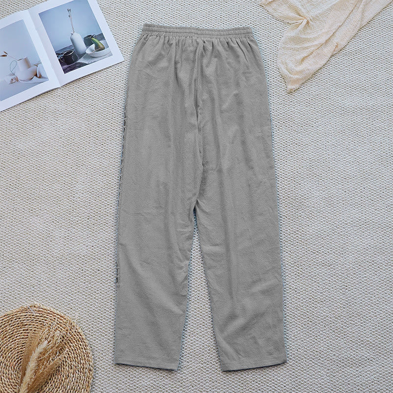 Summer Plain Color Splicing Design Cotton Linen Women's Pants With Pockets