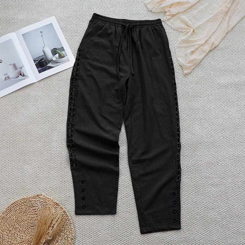 Summer Plain Color Splicing Design Cotton Linen Women's Pants With Pockets