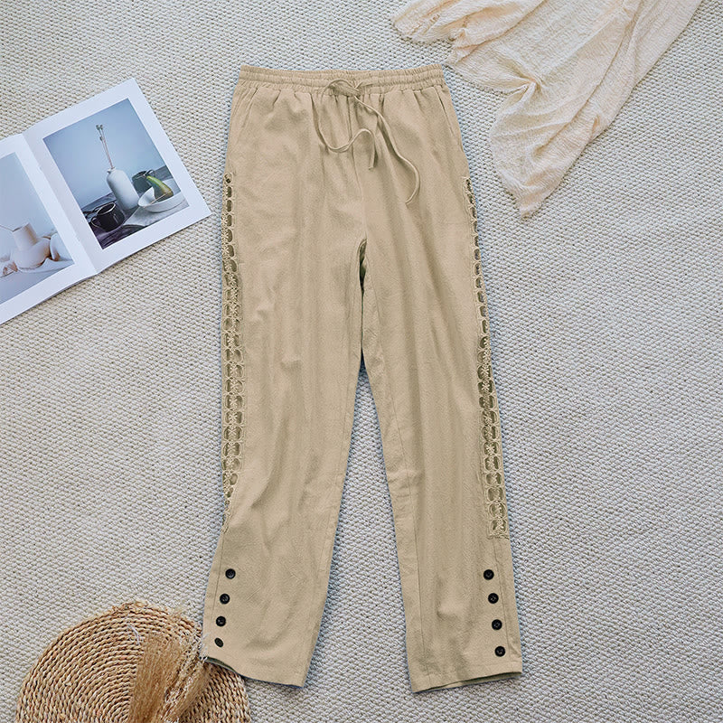 Summer Plain Color Splicing Design Cotton Linen Women's Pants With Pockets