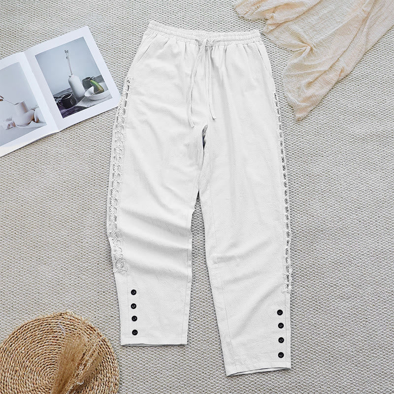 Summer Plain Color Splicing Design Cotton Linen Women's Pants With Pockets
