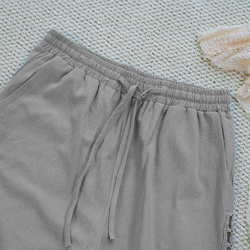 Summer Plain Color Splicing Design Cotton Linen Women's Pants With Pockets