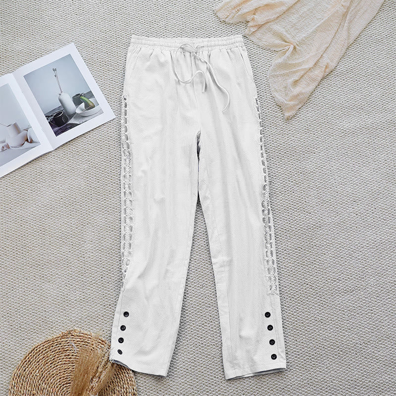 Summer Plain Color Splicing Design Cotton Linen Women's Pants With Pockets