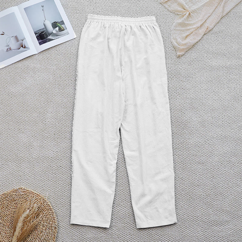 Summer Plain Color Splicing Design Cotton Linen Women's Pants With Pockets