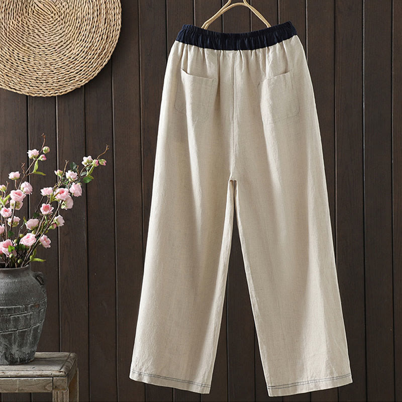 Casual Splicing Color Rope Women's Cotton Straight-leg Pants With Pockets
