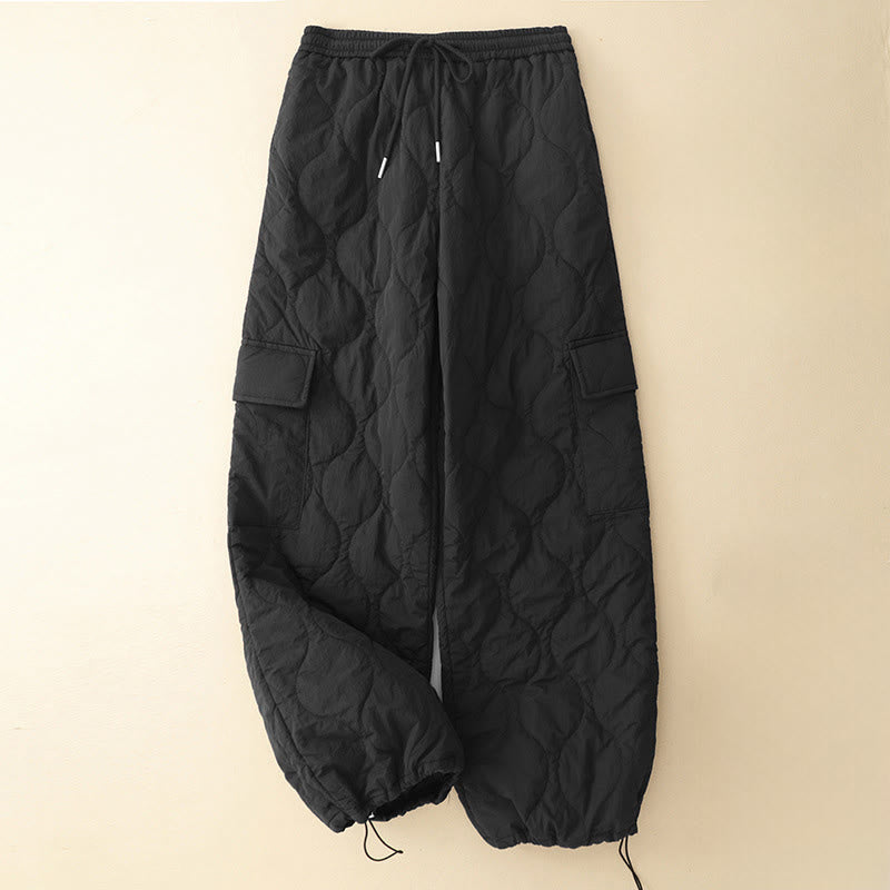 Winter Curved Lines Elastic Waist Drawstring Cotton Thermal Women's Pants With Pockets