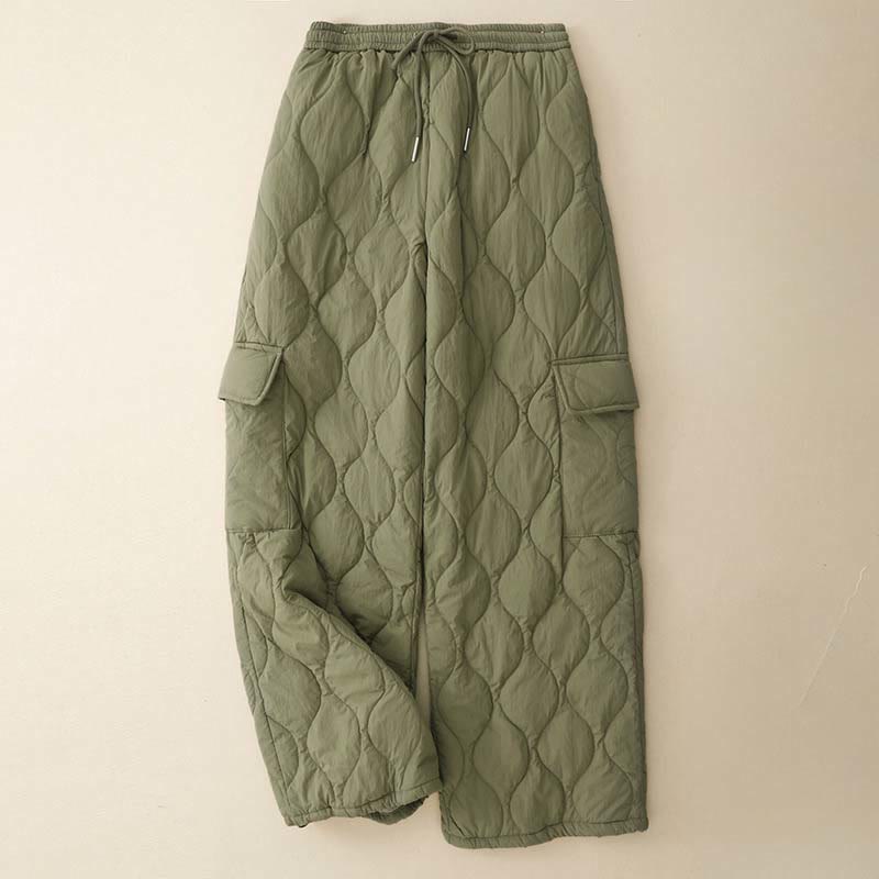 Winter Curved Lines Elastic Waist Drawstring Cotton Thermal Women's Pants With Pockets