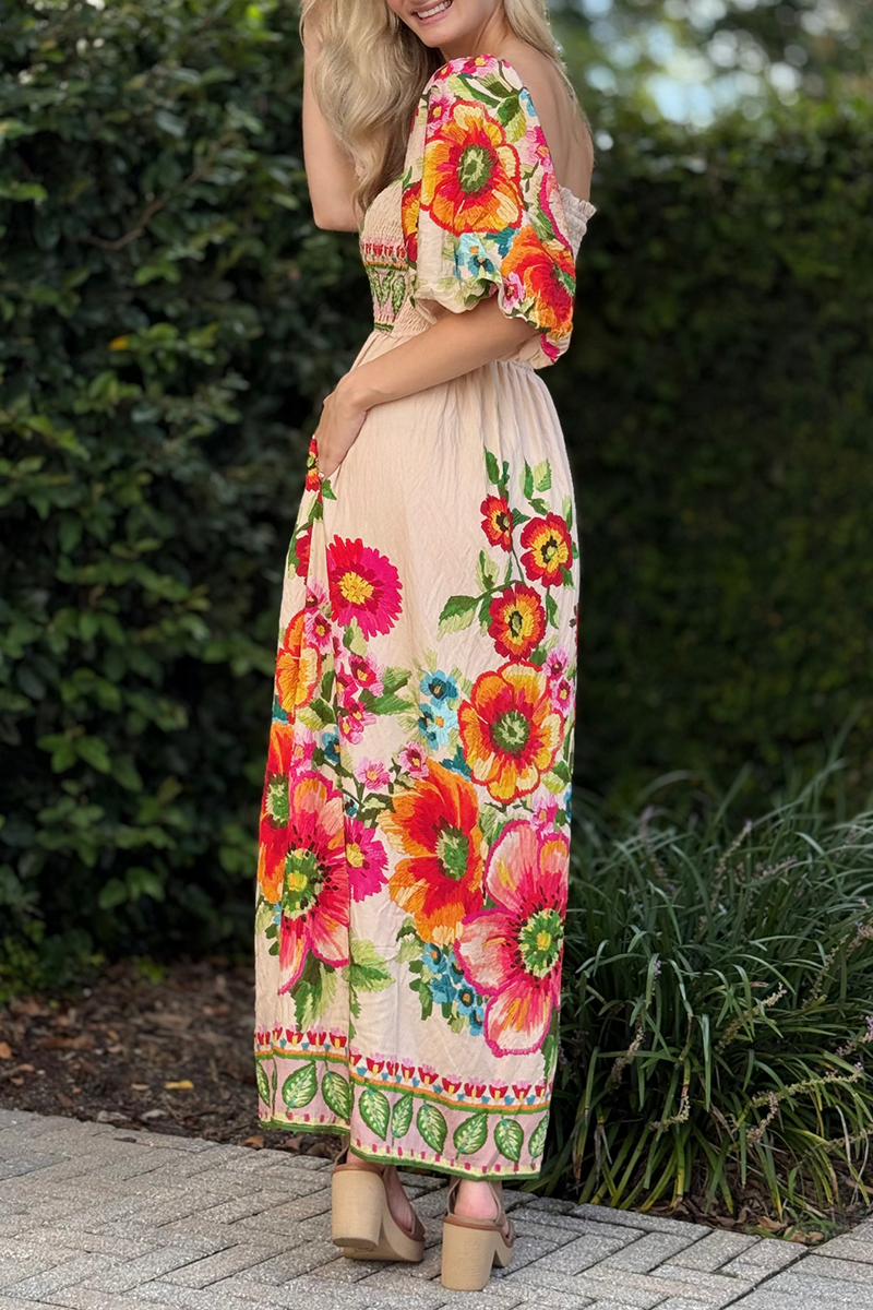 Womens Square Collar Printed Half Sleeved Elegant Casual Long Dress