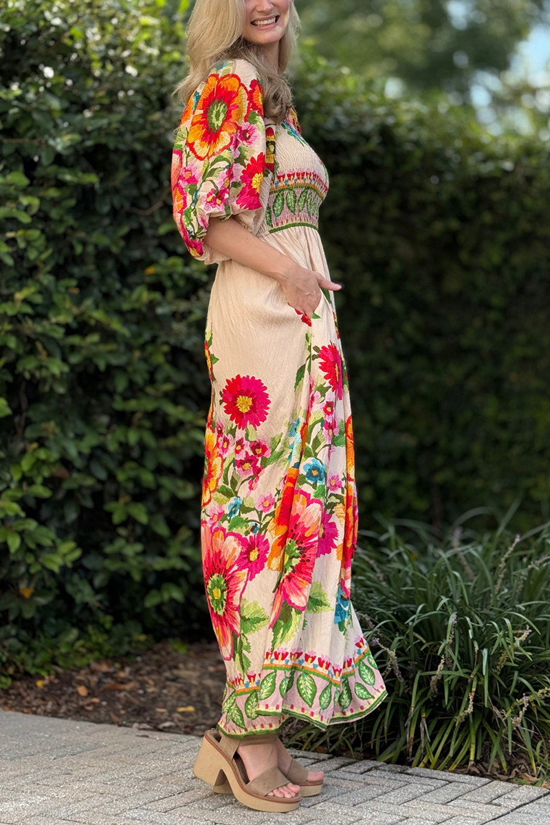 Womens Square Collar Printed Half Sleeved Elegant Casual Long Dress