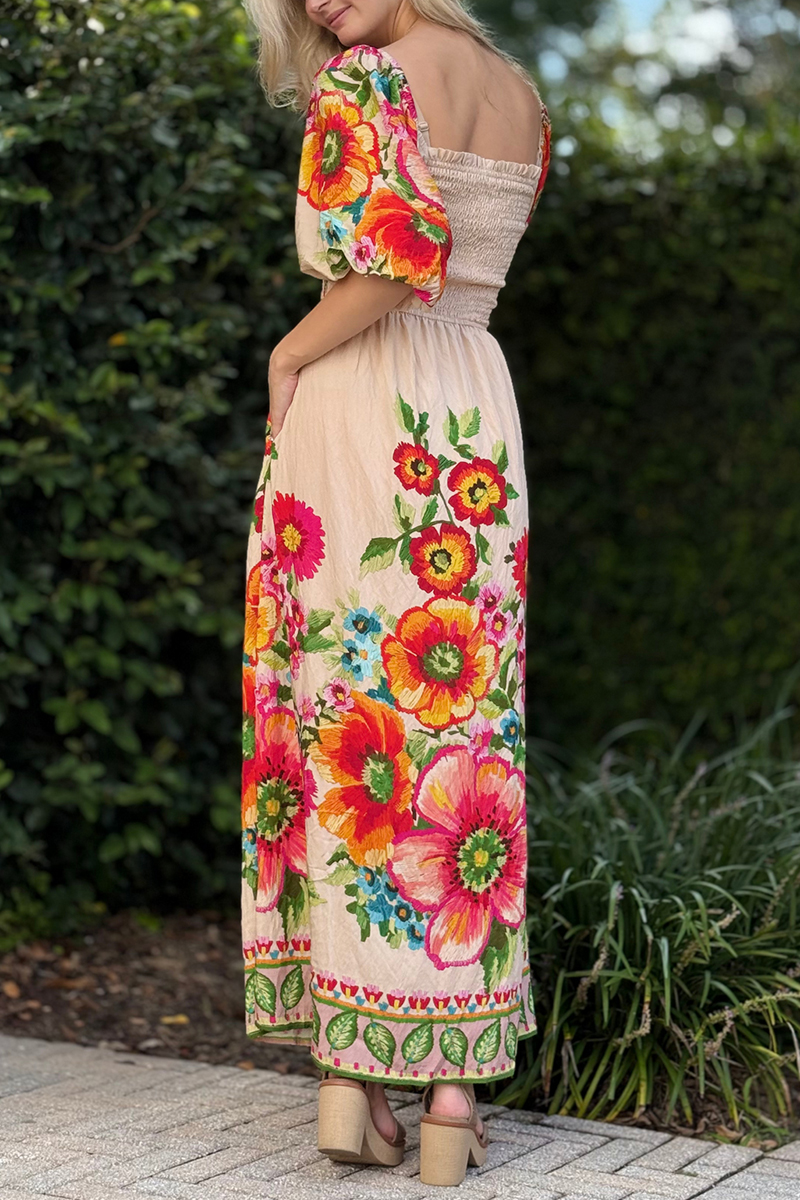 Womens Square Collar Printed Half Sleeved Elegant Casual Long Dress