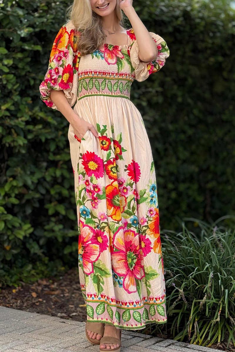 Womens Square Collar Printed Half Sleeved Elegant Casual Long Dress