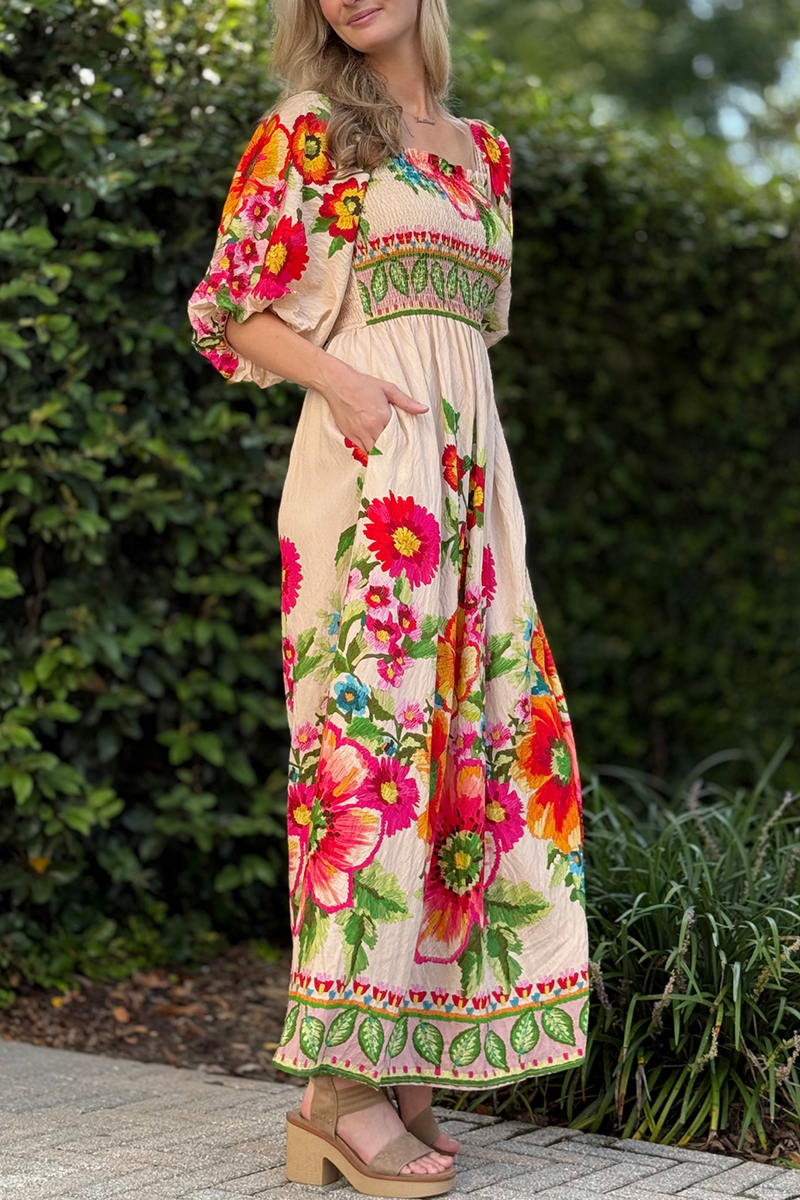 Womens Square Collar Printed Half Sleeved Elegant Casual Long Dress