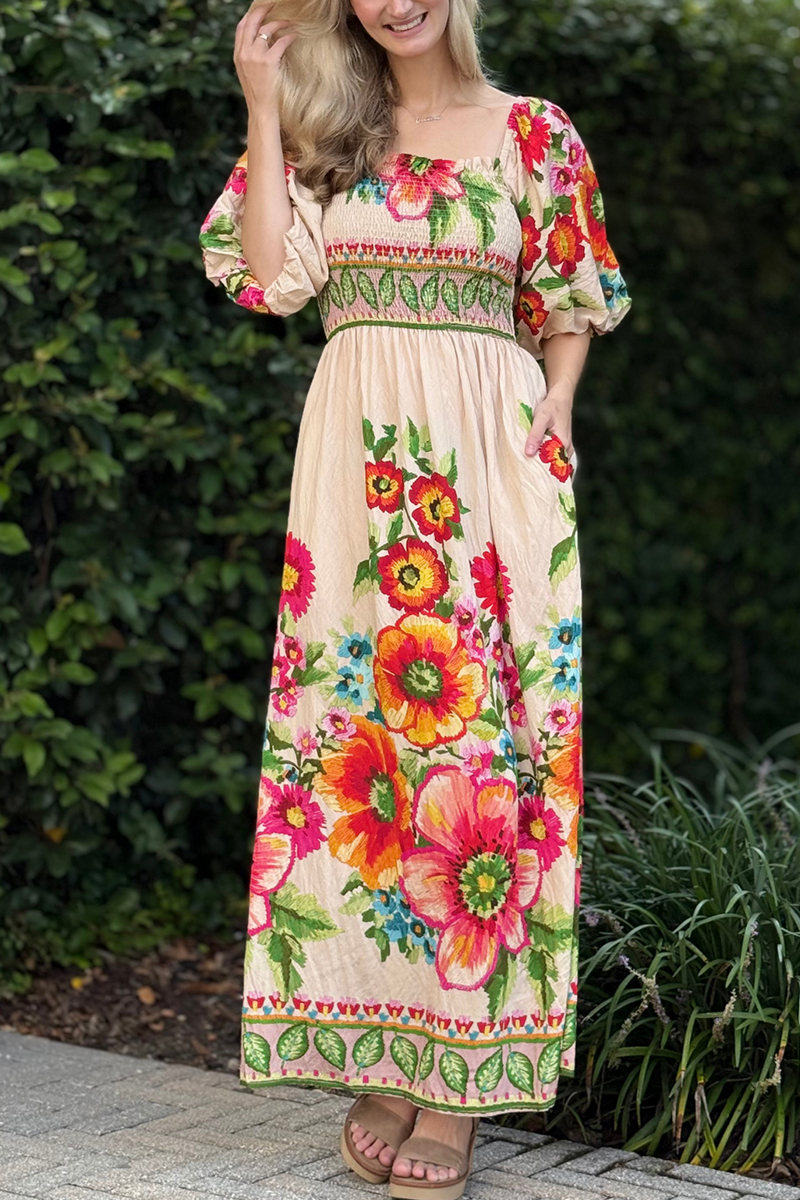 Womens Square Collar Printed Half Sleeved Elegant Casual Long Dress