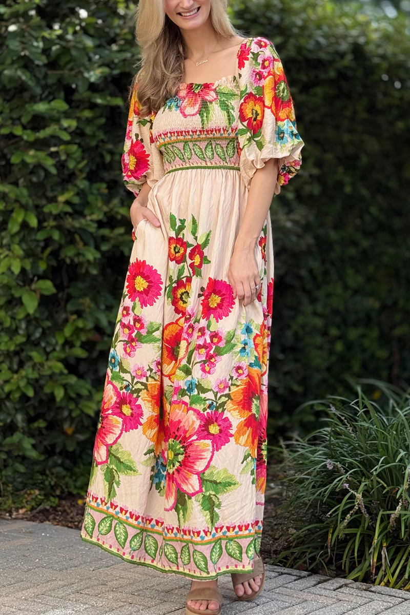 Womens Square Collar Printed Half Sleeved Elegant Casual Long Dress