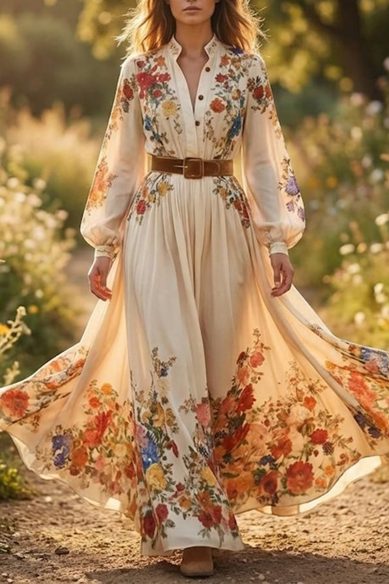 Women Round Neck Printed Long Sleeve Elegant Casual Maxi Dress