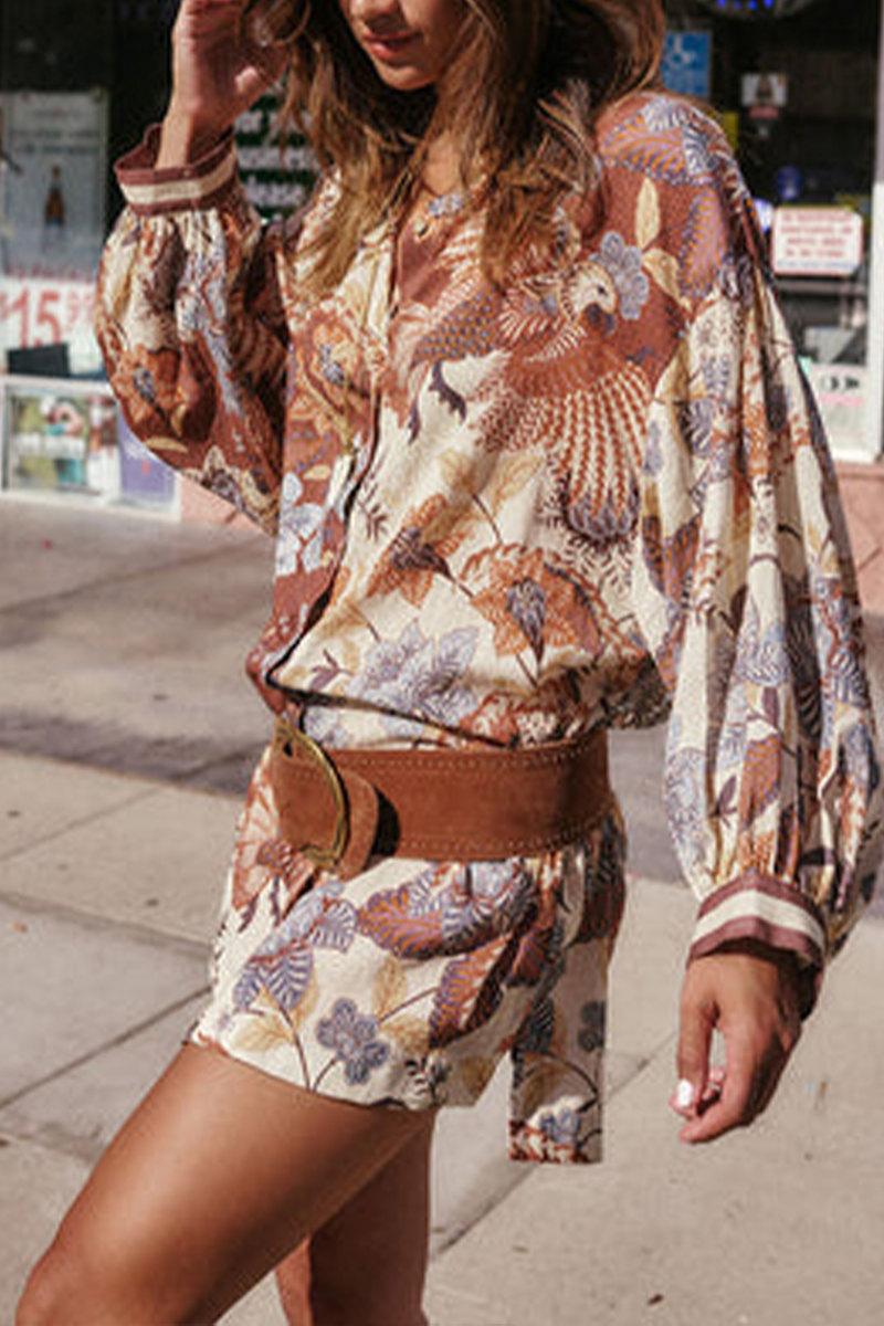 Women Collared Long-sleeved Printed Casual Short Dress