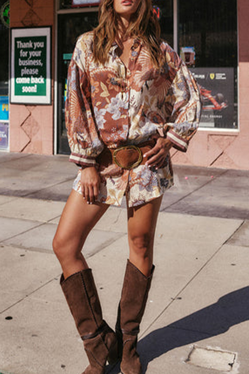 Women Collared Long-sleeved Printed Casual Short Dress