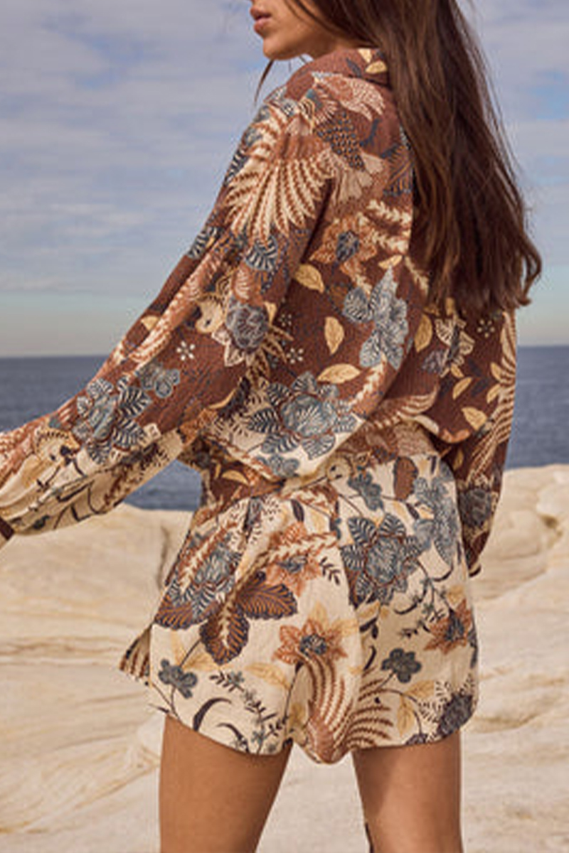 Women Collared Long-sleeved Printed Casual Short Dress