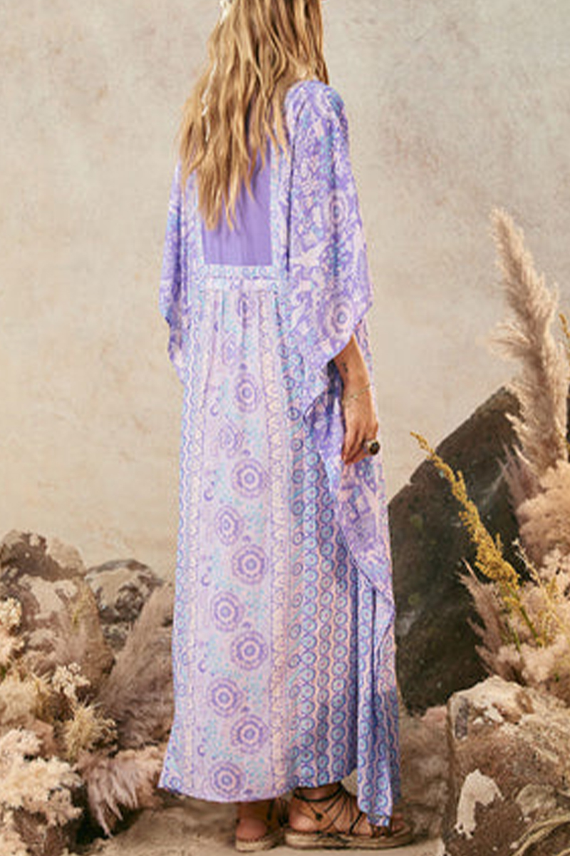 Women V-neck Long-sleeved Printed Casual Maxi Dress