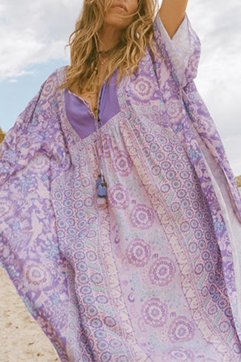 Women V-neck Long-sleeved Printed Casual Maxi Dress